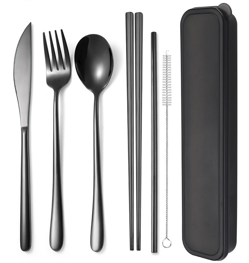 AARAINBOW 6 Pieces 18/8 Stainless Steel Flatware Set Portable Reusable Cutlery Set Travel Utensils Set Including Chopsticks Knife Fork Spoon Straws Cleaning Brush Dishwasher Safe (Black) - Image 1